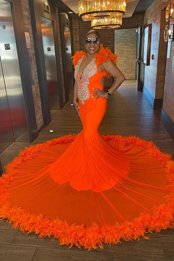 Charming Orange Prom Dress with Beads, Appliques, and Feathers