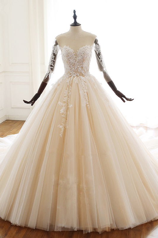 Chic Sweetheart Long Wedding Dress with Tulle Lace Sleeves