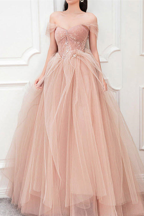 Pink Off-The-Shoulder Long Prom Dress Sweetheart With Pearls