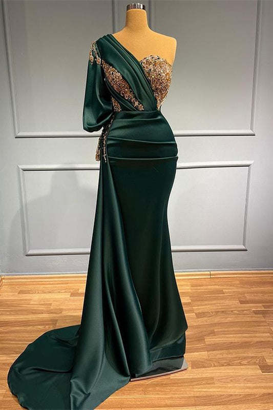 Dark Green One-Shoulder Mermaid Prom Dress With Beads & Appliques