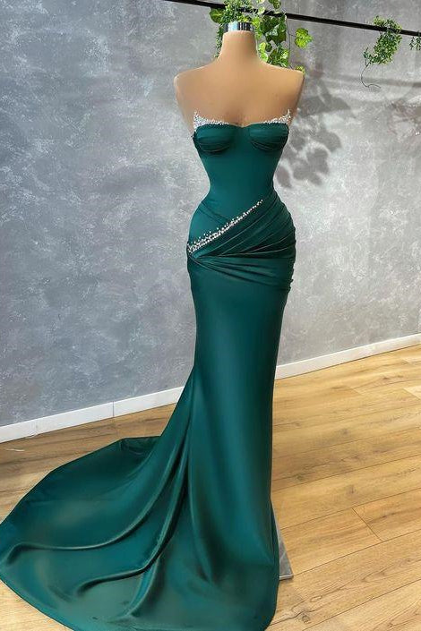 Stunning Dark Green Mermaid Prom Dress Strapless With Beads