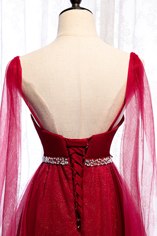 Burgundy Sleeveless Prom Dress with Tulle Ruffles & Beadings