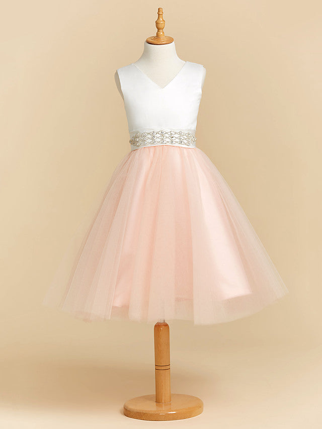 Satin Tulle Ball Gown Flower Girl Dress with V Neck and Sash Ribbon Crystals