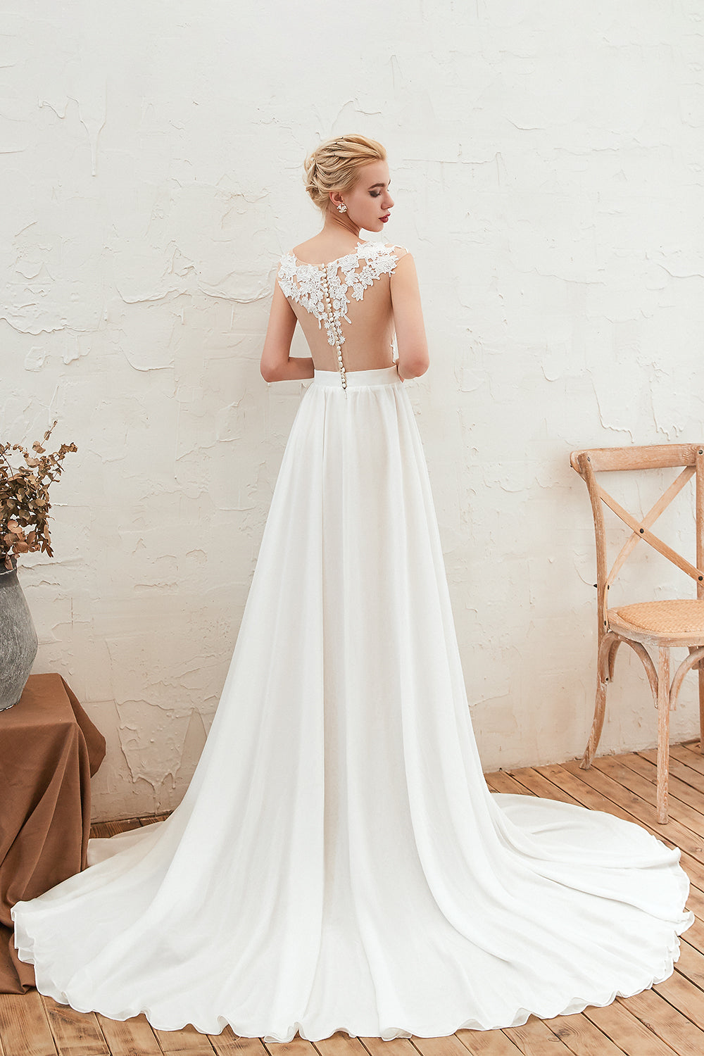 Bateau Appliques Lace A-line Chiffon Wedding Dress with Ruffles and Slit