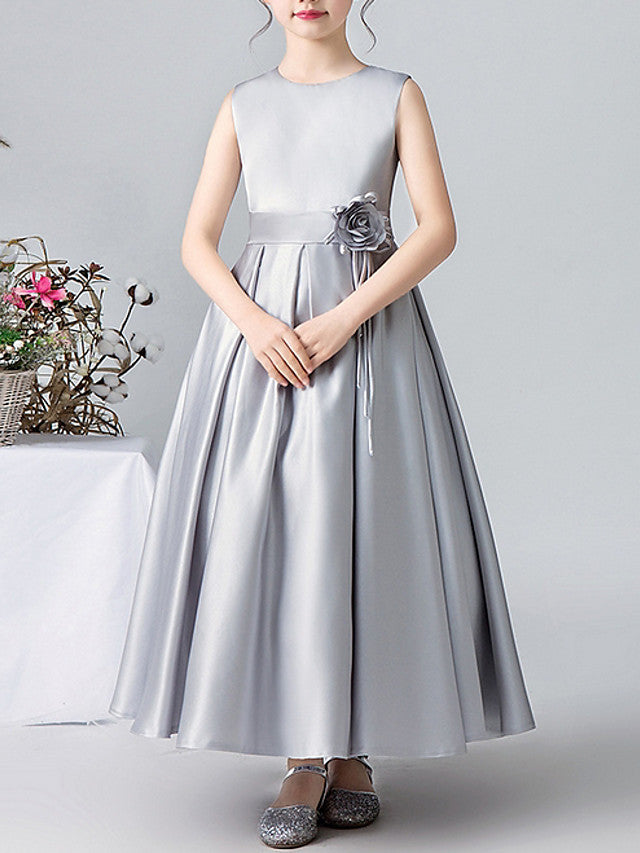 A-Line Satin Flower Girl Dress With Pleats and Appliques