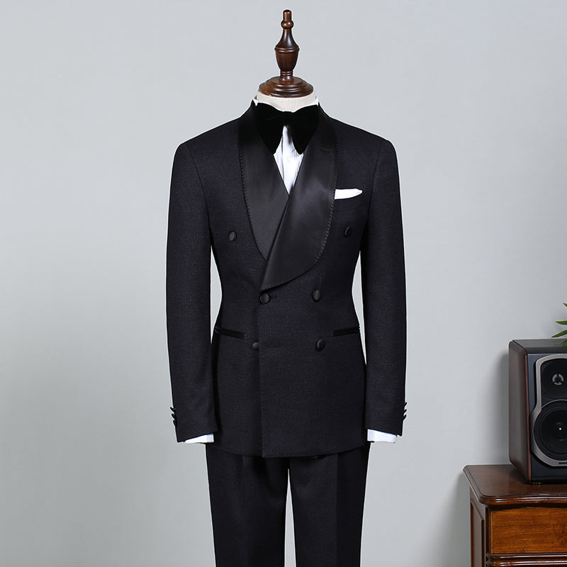 Solomon Stylish All-Black Double-Breasted Bespoke Wedding Suit for Bridegrooms