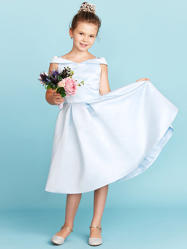 Elegant A-Line Off Shoulder Satin Junior Flower Girl Dress With Pleats for Princesses