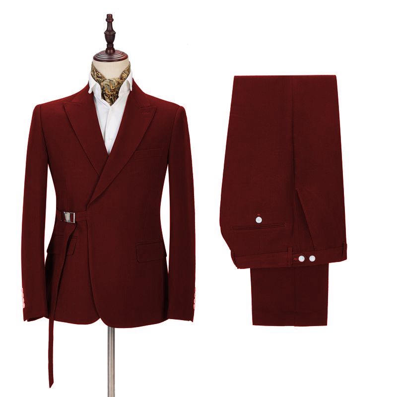 Burgundy Prom Suit for Boys with Peak Lapel and Buckle Button - 2 Piece