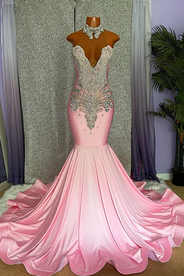 Mermaid Pink High Neck Prom Dress with Appliques and Beading