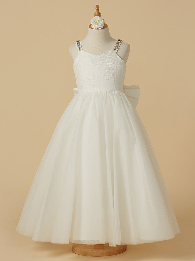 A-Line Sleeveless Straps Ankle Length Flower Girl Dress with Bow Beading and Lace Tulle