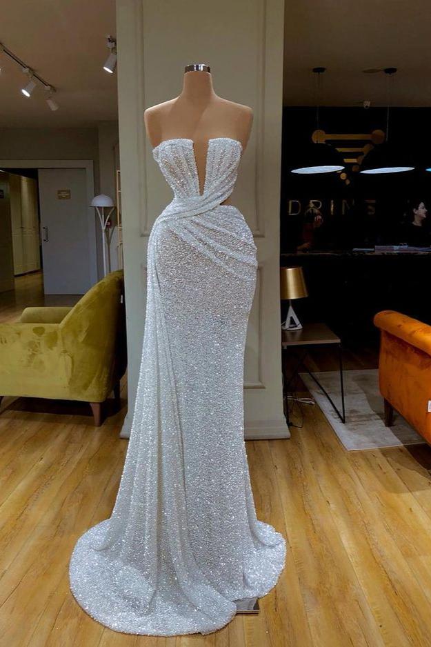 Gorgeous White Strapless Sequins Prom Dress Online