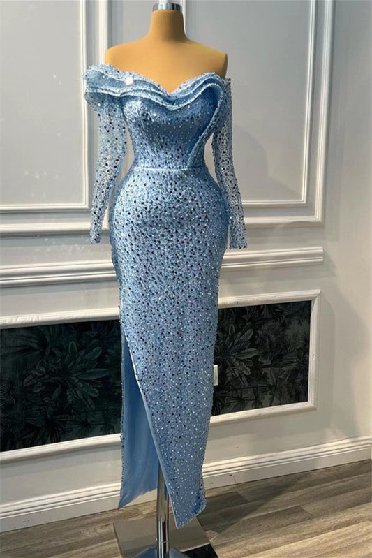 Blue Sweetheart Long Sleeves Mermaid Prom Dress with Slit and Beads