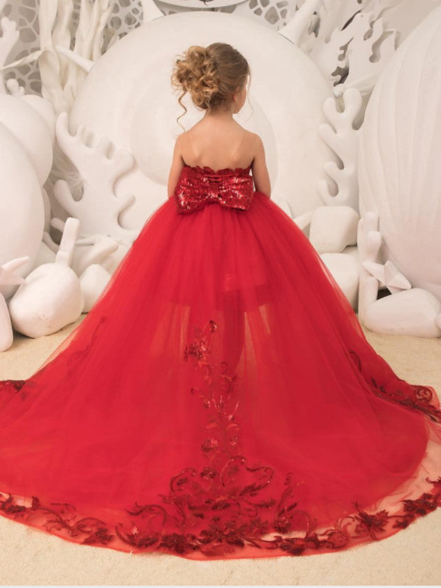 Tulle Ball Gown with Bow Appliques & Paillette for Flower Girl Dresses