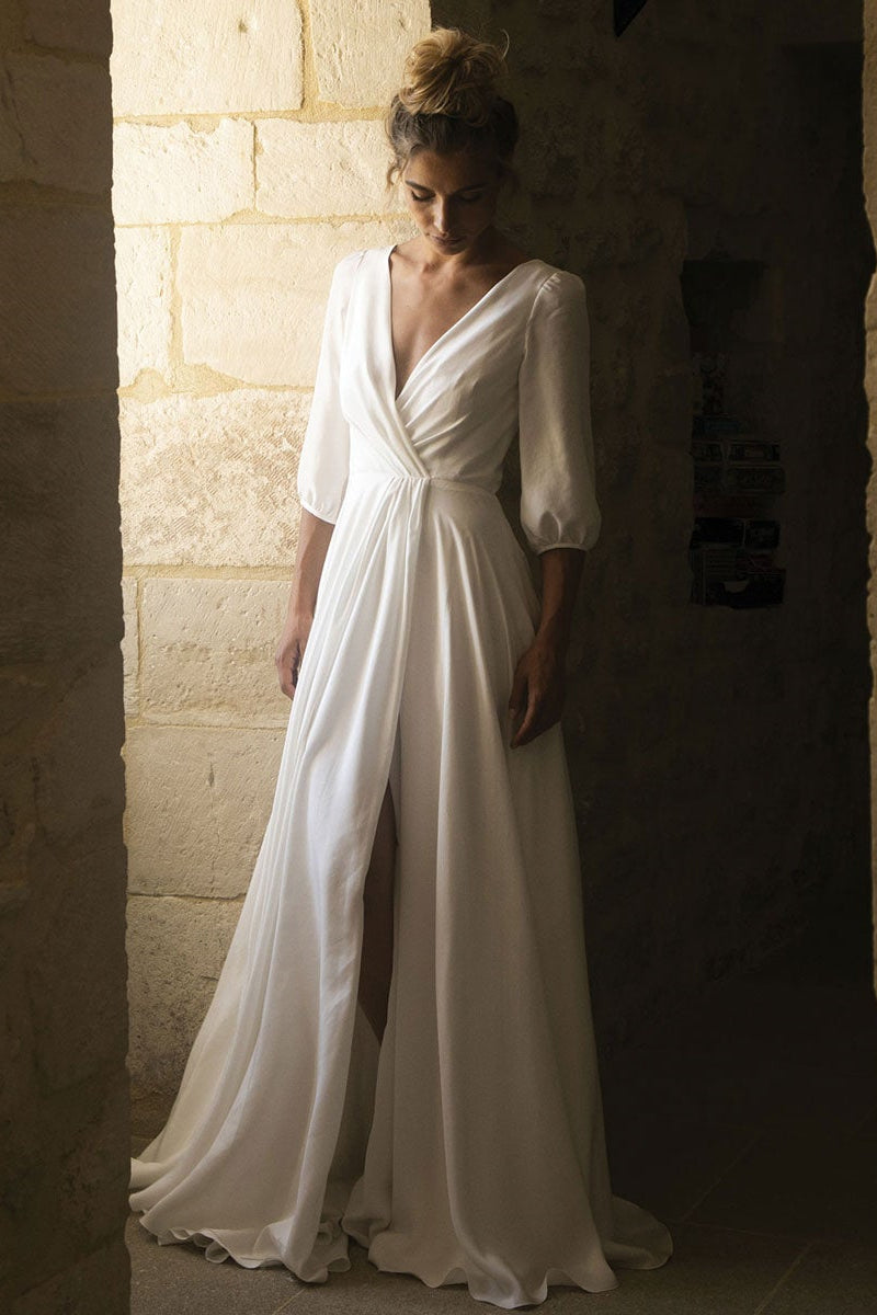 V-Neck Half Dress for Your Special Day - Sleeves Wedding Dress