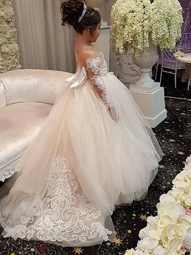 Long Sleeve Off Shoulder Ball Gown Flower Girl Dress with Lace Satin Taffeta Bow