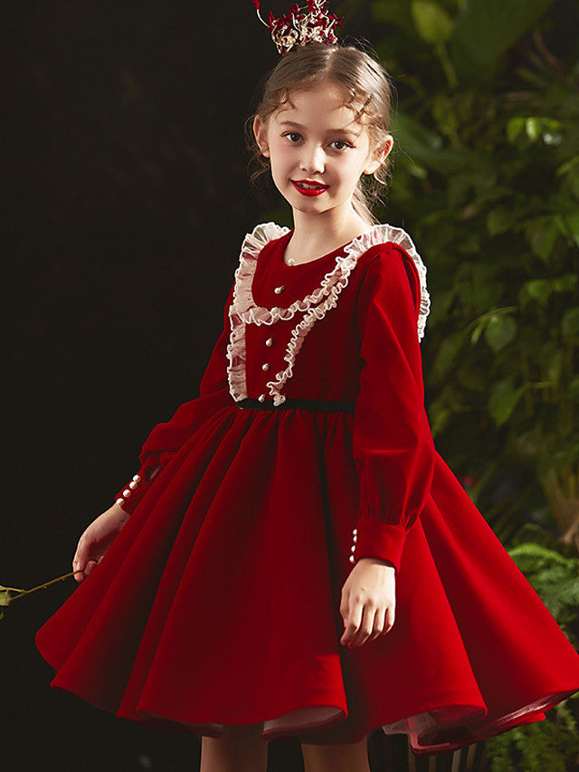 A-Line Long Sleeve Jewel Neck Flower Girl Dresses with Lace Beading and Cascading Ruffles