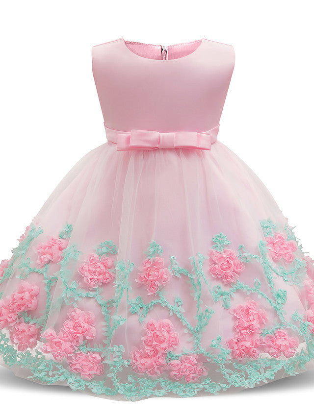 Long Length Sleeveless Jewel Neck Flower Girl Dresses with Satin Tulle and Petal Bow Appliques