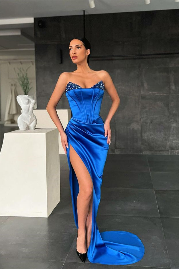 Royal Blue Split Mermaid Prom Dress with Sequins