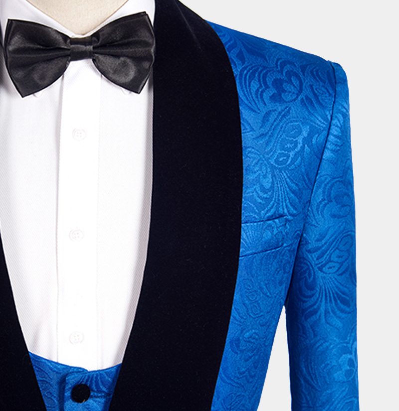 Royal Blue Wedding Suit for Men - Three Piece Floral Jacquard