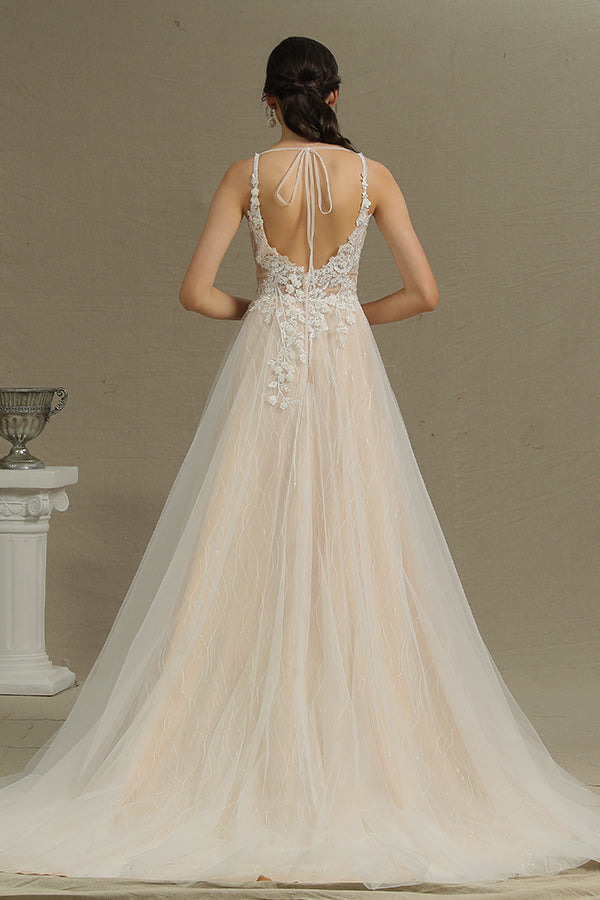 A-line Wedding Dress with Straps Floral Appliques & Split Backless