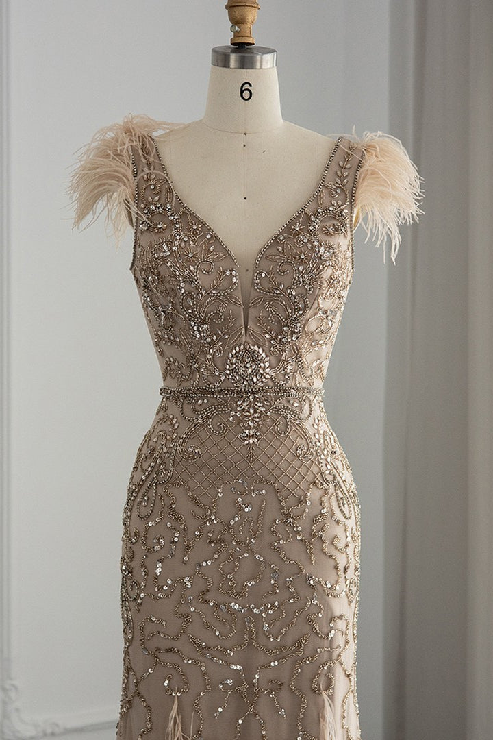 Luxury V Neck Mermaid Evening Dress with Feathers Appliques