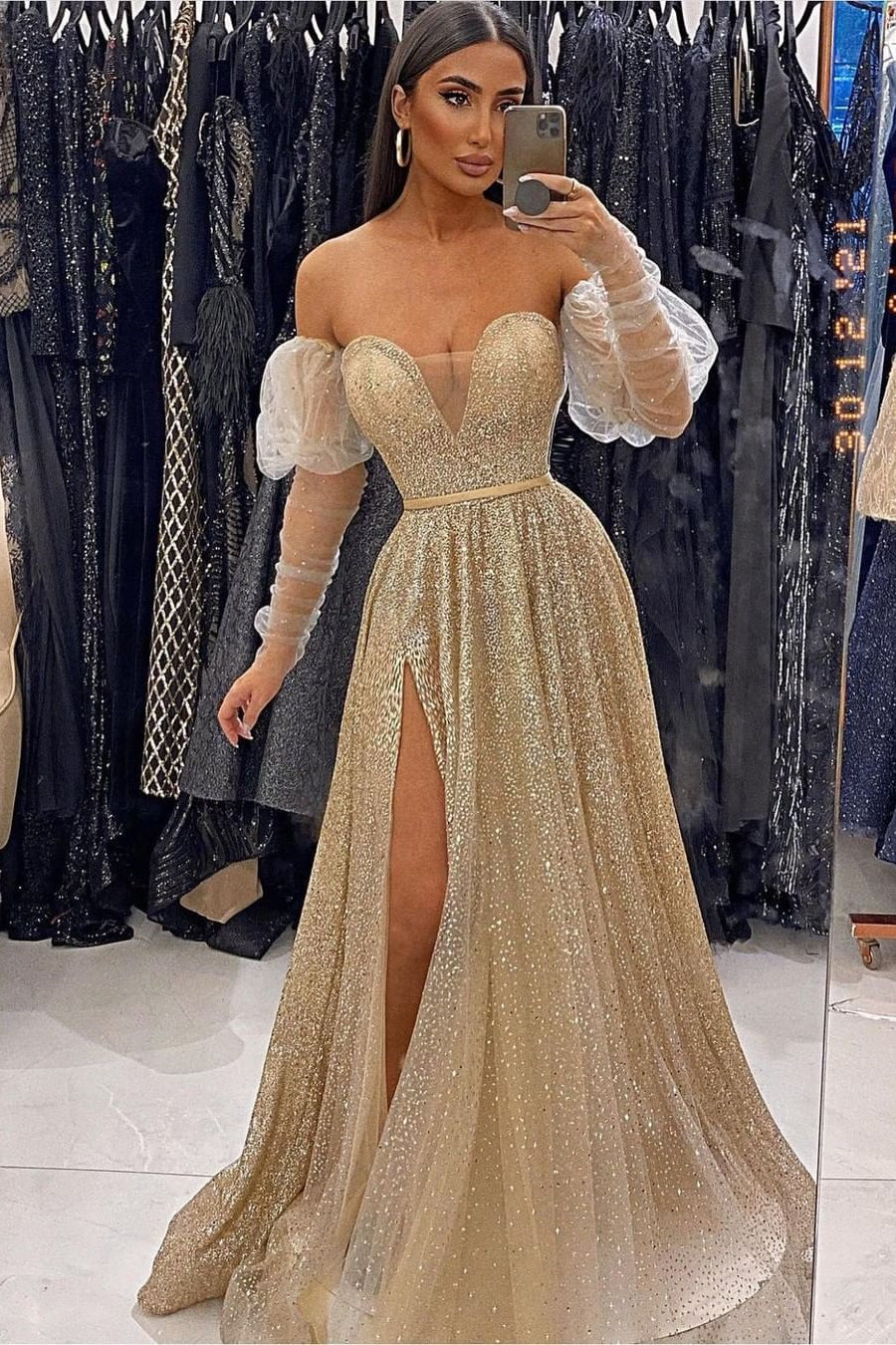 V-Neck Sequins Evening Gown With Front Split and Long Sleeves