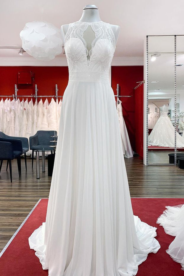 Modest Long A-line Chffon Jewel Open Back Wedding Dress with Ruffles Appliques