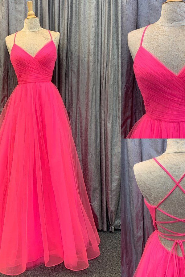 A Line Spaghetti-Straps Prom Dress Tulle Open Back