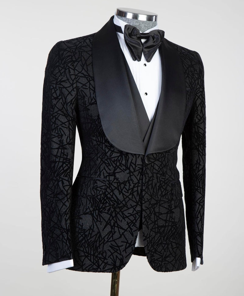 Newest Black Three Pieces Shawl Lapel Jacquard Men Suits by Darren