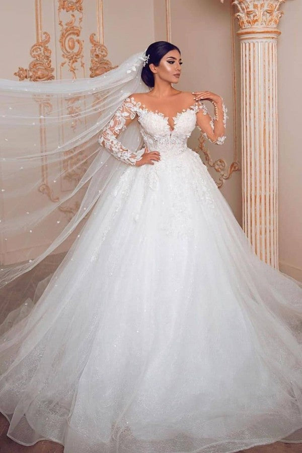 Elegant Princess Tulle Long Sleeves Wedding Dress with Lace