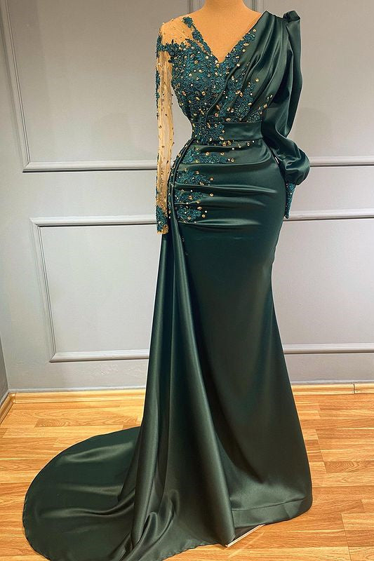 Dark Green V-Neck Evening Dress with Beadings & Lace Appliques