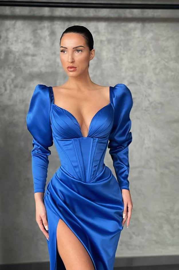 Mermaid Prom Dress with Slit and V-Neck Long Sleeves