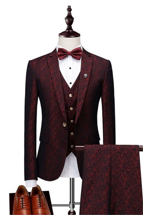 Wedding Wine Ruby Three Piece Jacquard Tuxedo Suit with Notched Lapel