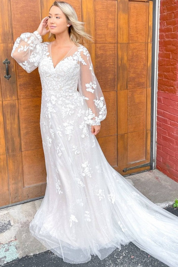 Classy Long Sleeves Wedding Dress With Appliques Lace Tulle Sheath Train Deep V-neck