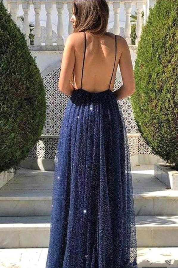 Dark Navy Sequins Prom Dress with Spaghetti-Straps