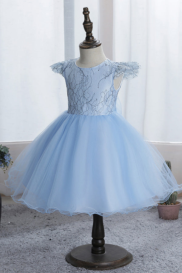 Stunning Blue Short Sleeves Jewel Flower Girl Dress with Appliques