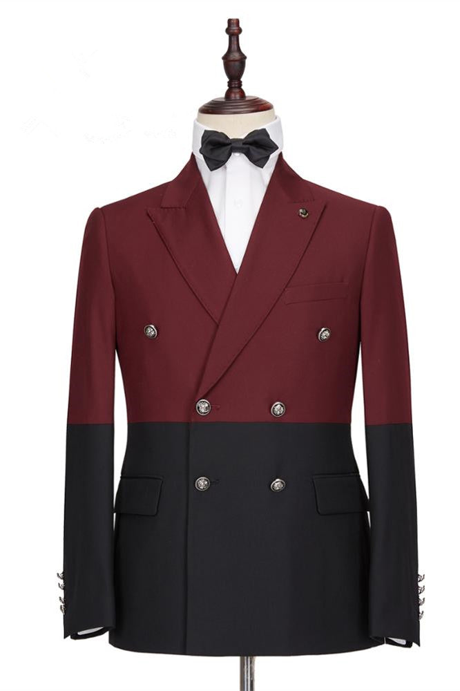 Fashion Burgundy & Black Peaked Lapel Double Breasted Party Prom Suit for Guys