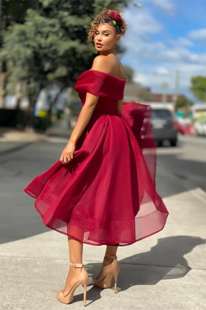 A Line Short Burgundy Off The Shoulder Evening Dress