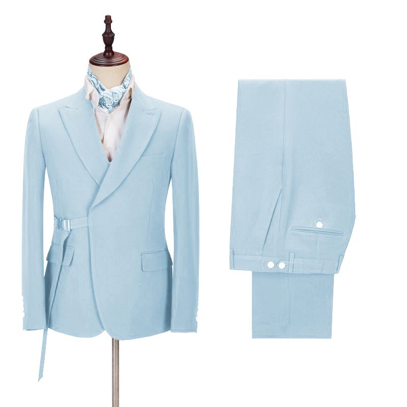 Gorgeous Sky Blue Best Wedding Suits For Men | Peaked Lapel With Adjustable Buckle