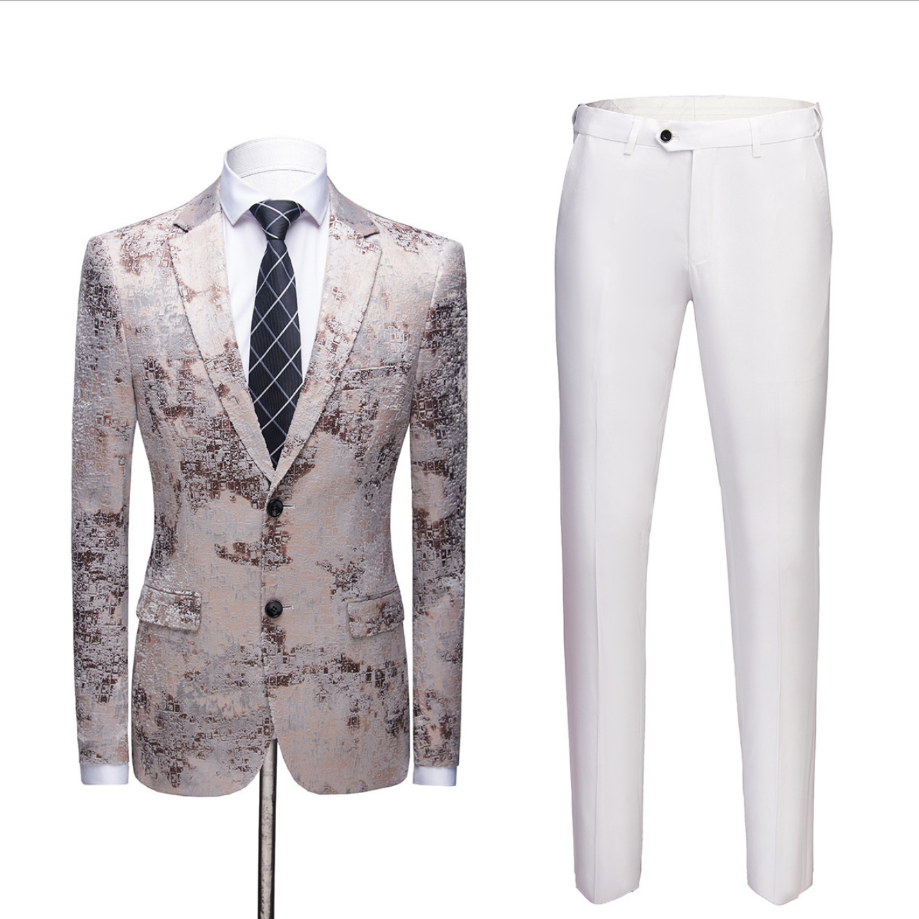 Light Brown Printing Notched Lapel Wedding Tailcoats With White Pants