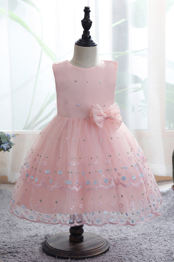 Chic Bow Scoop Sleeveless Tulle Flower Girl Dress Ball Gown for Weddings