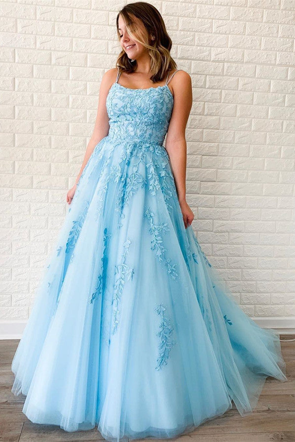 Elegant Evening Dress with Sky Blue Spaghetti-Straps Appliques