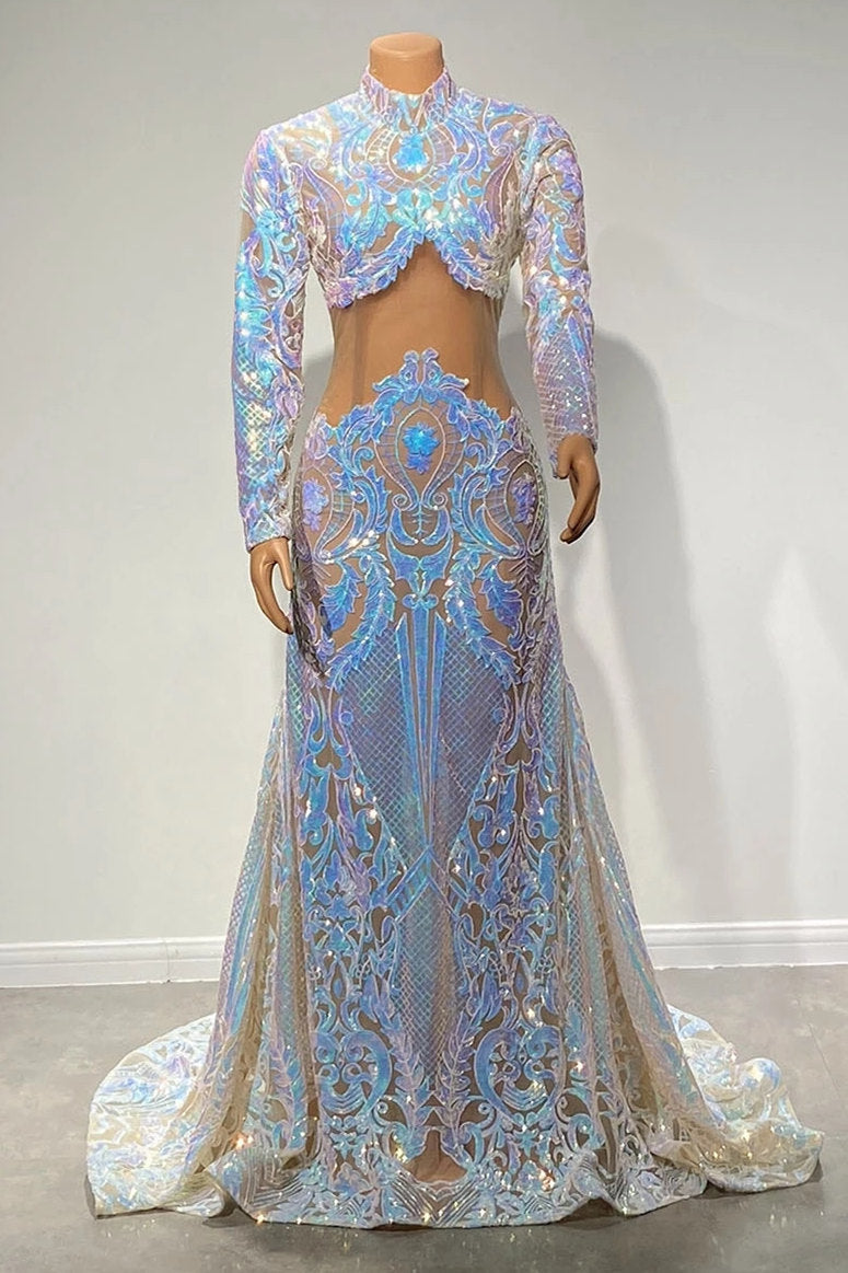 Mermaid Prom Dress with High Neck & Sequins Lace Sleeves