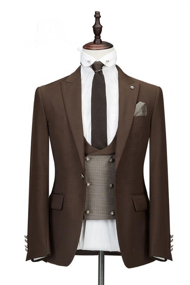 Elegant Brown Three-Piece Peaked Lapel Slim Fit Wedding Suit For Men