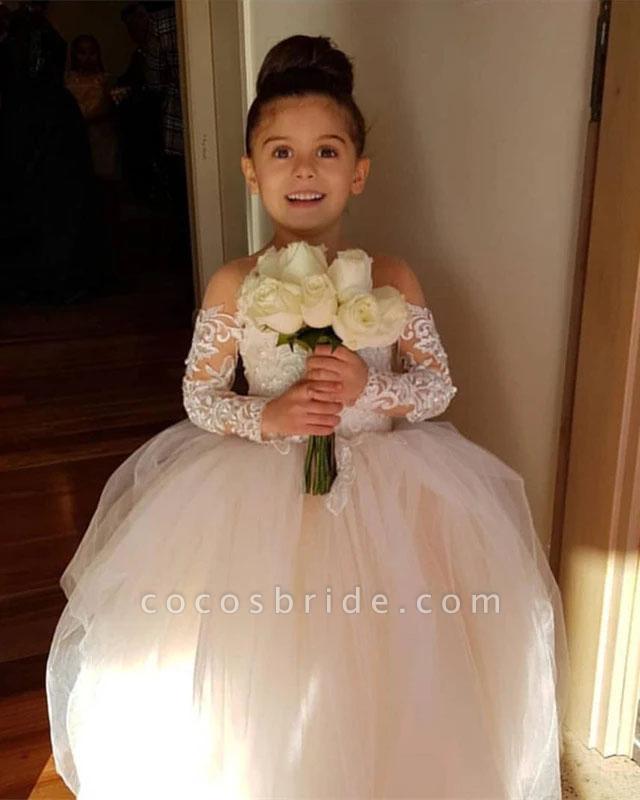 Long Sleeves Boho Ball Gown Flower Girl Dress with Lace Tulle