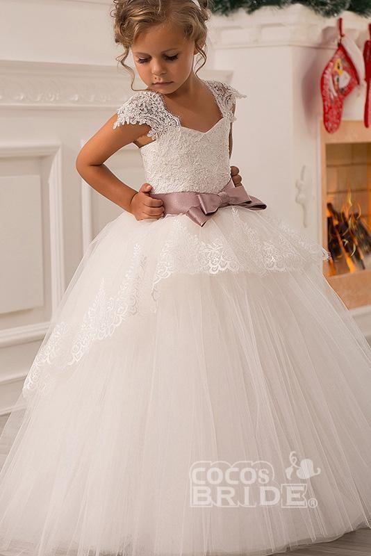 White Square Neck Lace Flower Girls Dress with Cap Sleeves Ball Gown