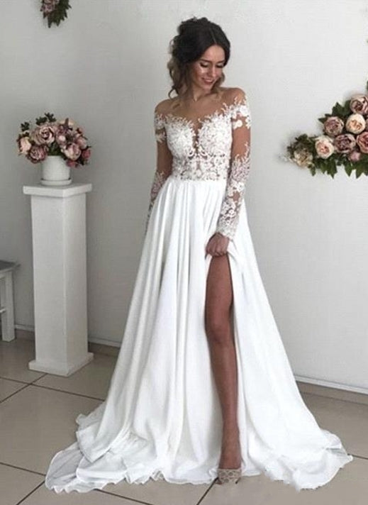 Elegant Long A-line Long Sleeves Slit Wedding Dress with Chiffon Lace