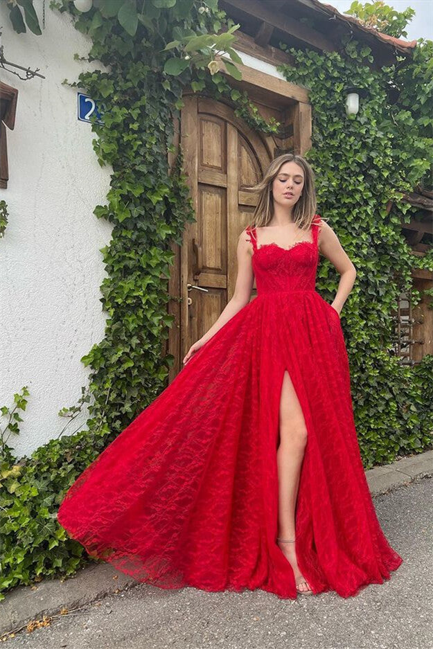 Red Evening Dress with Sleeveless Appliques and Online Front Split