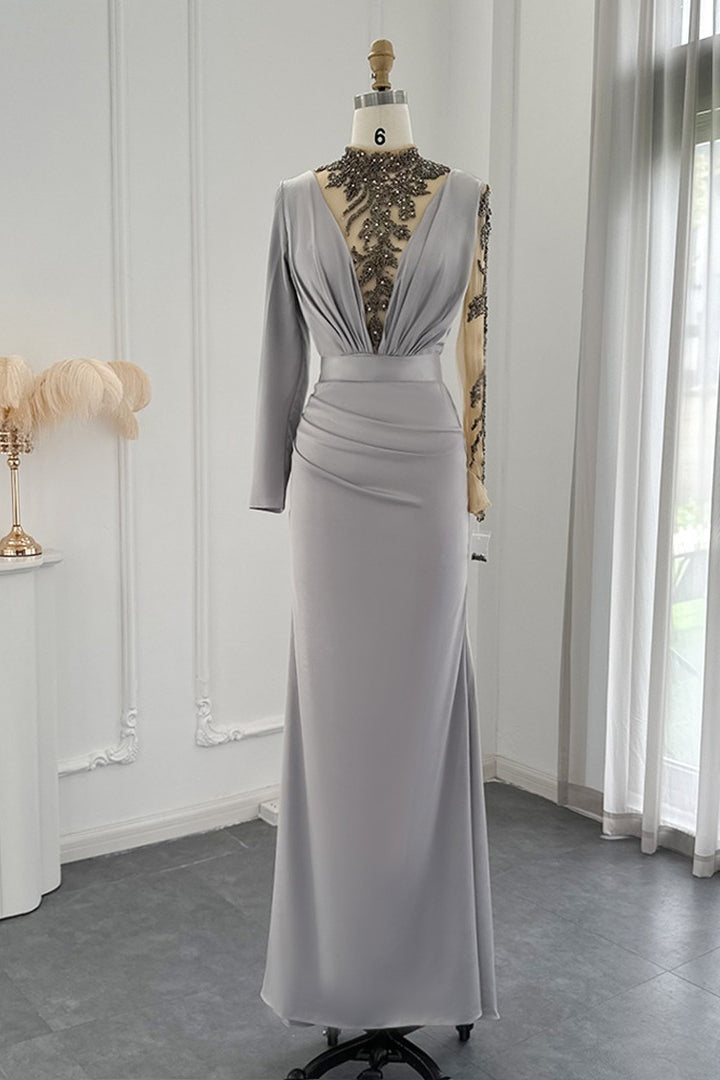 Mermaid Evening Dress with Appliques - Jewel Neck and Long Sleeves Floor Length