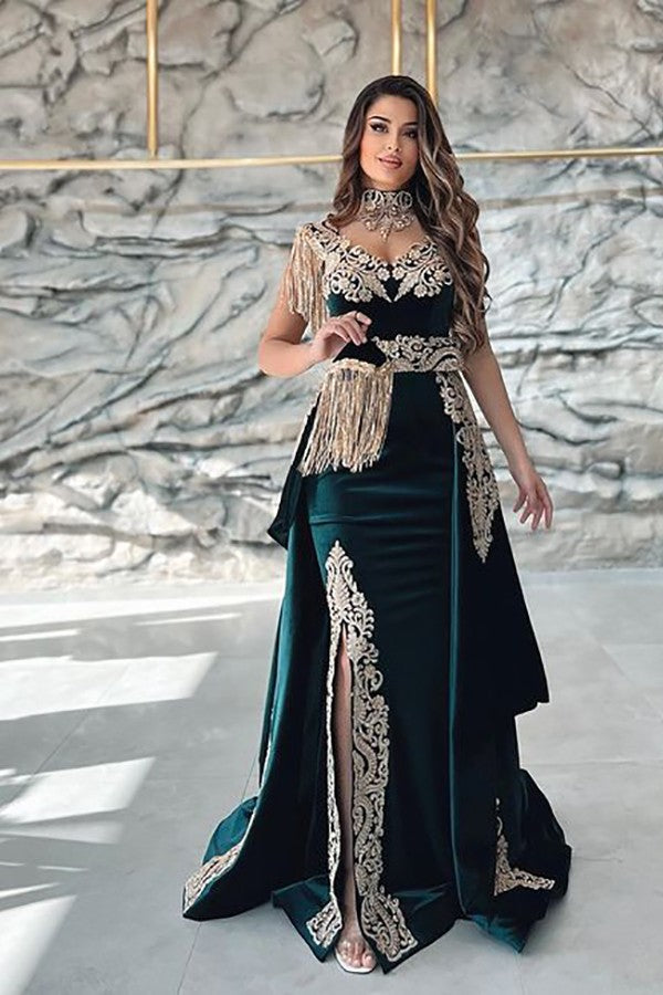 Sleeveless V-Neck Applique Split Mermaid Evening Dress in Dark Green with Detachable Skirt